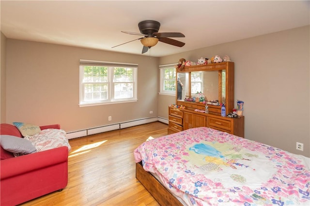 bedroom featuring a baseboard radiator, ceiling fan, and light hardwood / wood-style floors