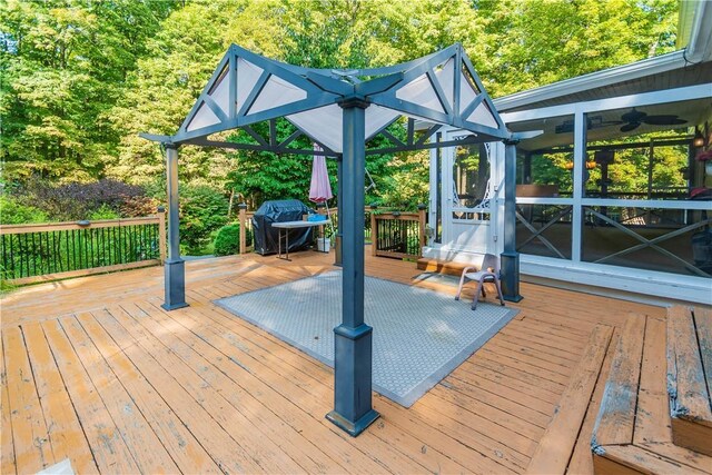 36 Boulder Dr, Cornwall, NY 12553 - wooden deck featuring a sunroom, grilling area, and ceiling fan