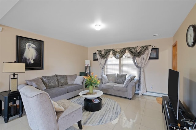 tiled living room featuring baseboard heating