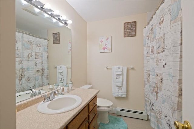 bathroom with a baseboard radiator, tile patterned flooring, toilet, vanity, and a shower with shower curtain