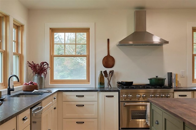 kitchen featuring wood counters, wall chimney range hood, sink, and high end range