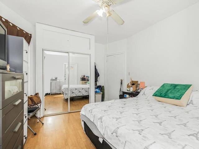 bedroom with ceiling fan, a closet, radiator, and light hardwood / wood-style flooring