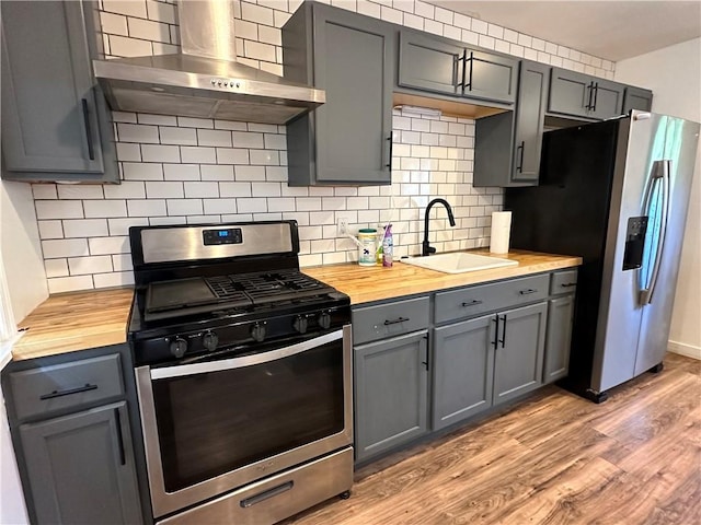 kitchen featuring wooden counters, gray cabinetry, stainless steel appliances, wall chimney exhaust hood, and a sink