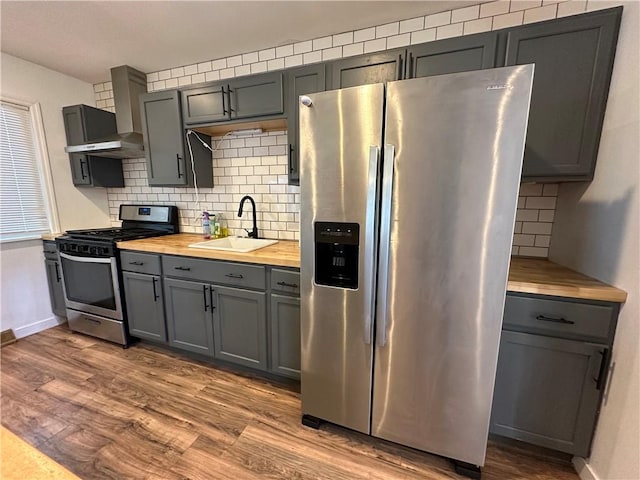 kitchen featuring dark wood-style floors, a sink, gray cabinetry, appliances with stainless steel finishes, and butcher block counters