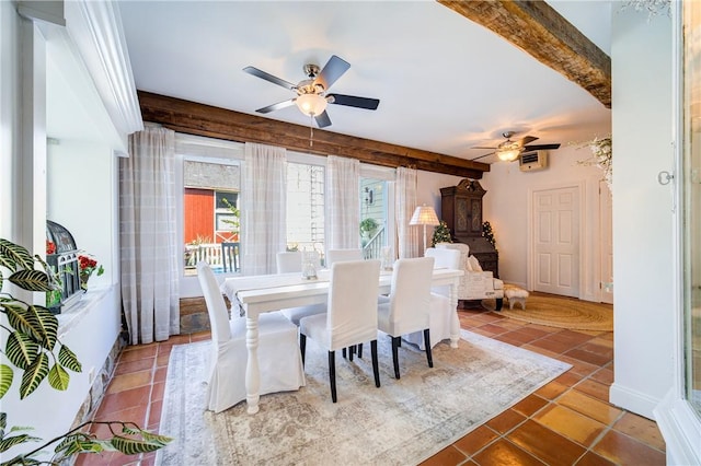 tiled dining room with beam ceiling and ceiling fan