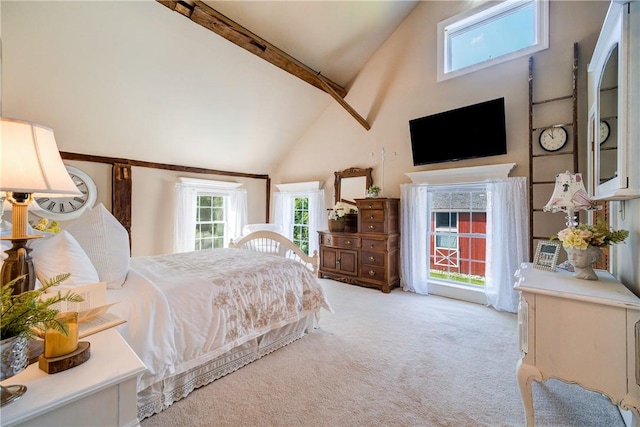 bedroom featuring beam ceiling, light carpet, and high vaulted ceiling