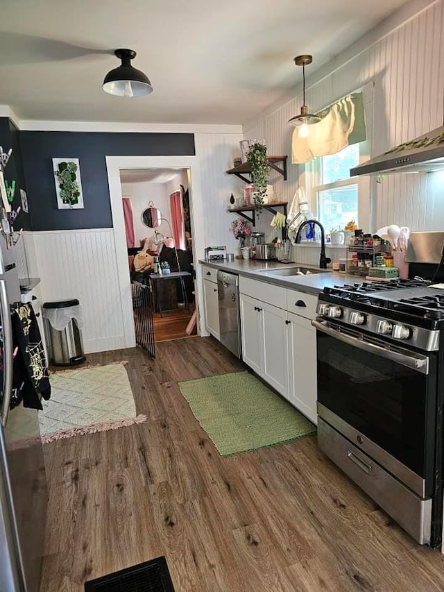 kitchen featuring pendant lighting, sink, dark hardwood / wood-style floors, appliances with stainless steel finishes, and white cabinetry