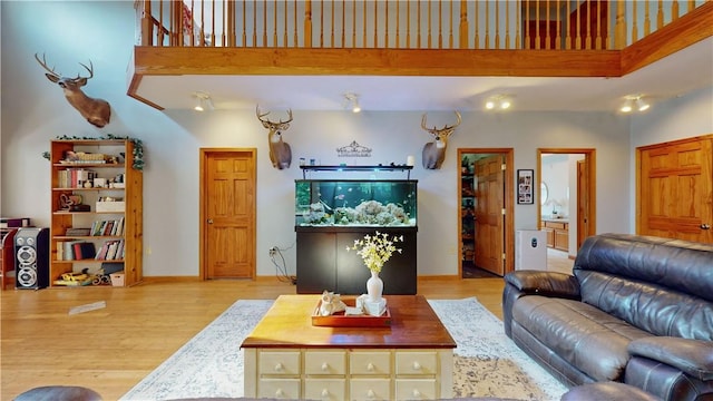 living room featuring a towering ceiling and light hardwood / wood-style floors