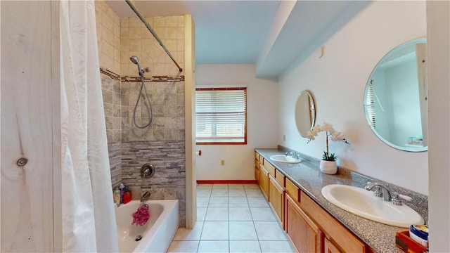 bathroom with tile patterned flooring, vanity, and shower / tub combo with curtain