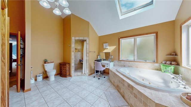 bathroom with a skylight, tile patterned floors, separate shower and tub, high vaulted ceiling, and toilet