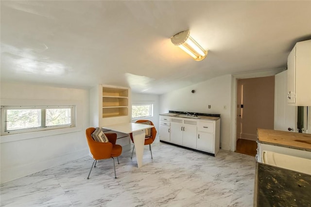 interior space with vaulted ceiling and sink