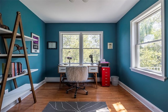 office space with a healthy amount of sunlight, wood-type flooring, and a baseboard radiator