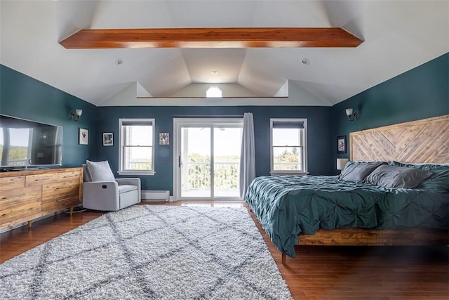 bedroom featuring vaulted ceiling with beams, dark hardwood / wood-style flooring, access to exterior, and a baseboard radiator