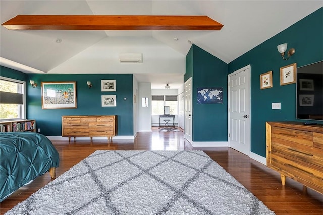 bedroom featuring dark hardwood / wood-style flooring, vaulted ceiling with beams, and a closet