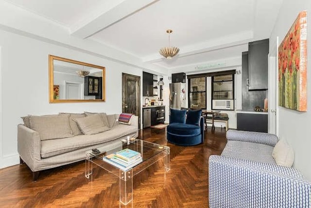 living room featuring dark parquet floors