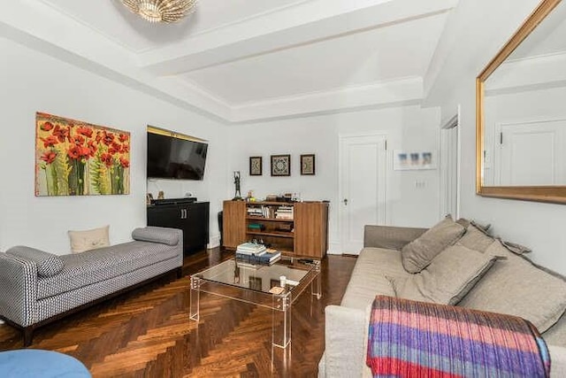 living room featuring dark parquet floors