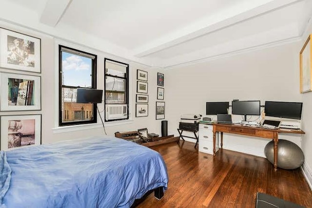 bedroom with beam ceiling and dark wood-type flooring