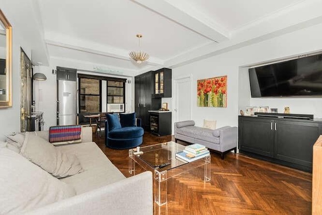 living room with dark parquet flooring and beamed ceiling