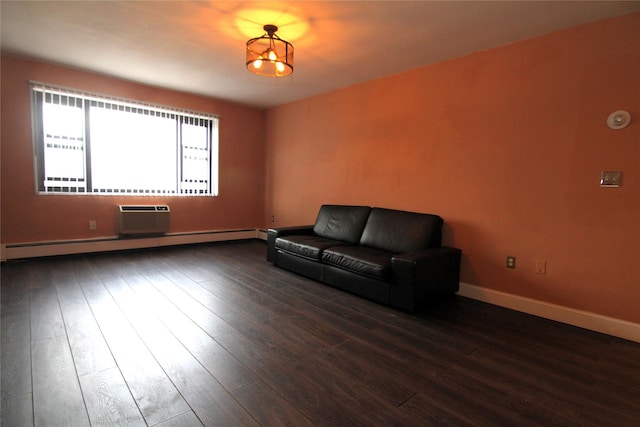 unfurnished room featuring an AC wall unit, dark wood-type flooring, and a baseboard radiator