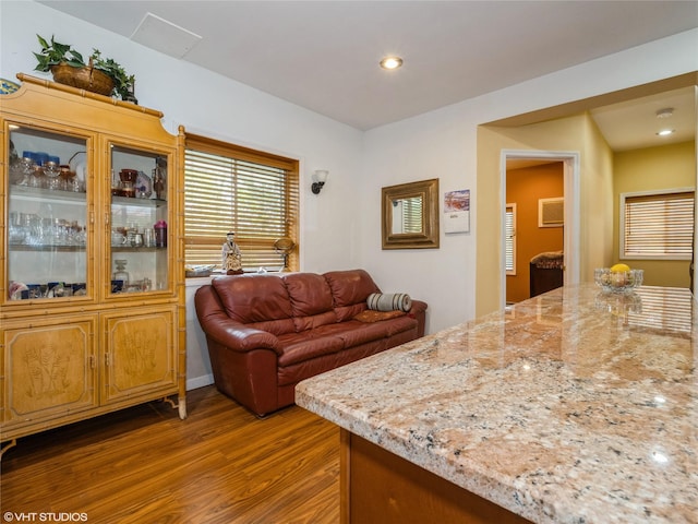 living area with dark wood finished floors and recessed lighting