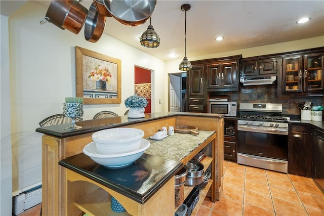 kitchen with a baseboard heating unit, decorative backsplash, light tile patterned flooring, dark brown cabinetry, and stainless steel appliances