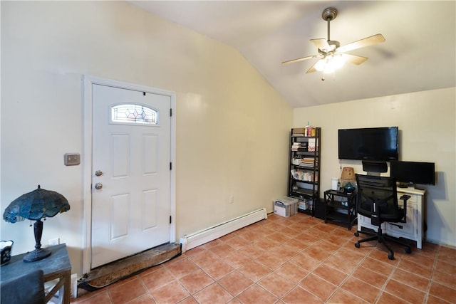 foyer featuring tile patterned floors, ceiling fan, baseboard heating, and vaulted ceiling