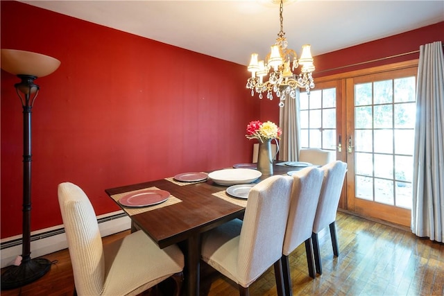 dining space featuring french doors, wood-type flooring, and a notable chandelier