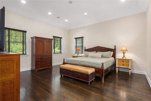 bedroom with dark hardwood / wood-style floors and multiple windows