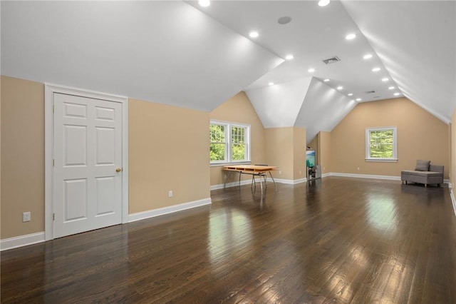 additional living space featuring dark wood-type flooring and lofted ceiling