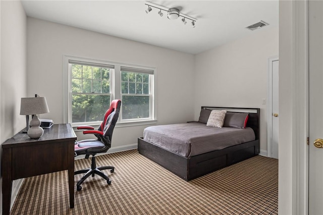 bedroom with carpet and track lighting