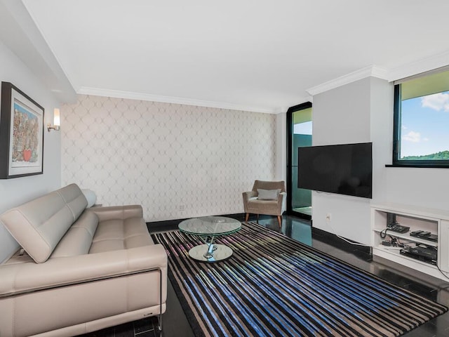 living room with ornamental molding