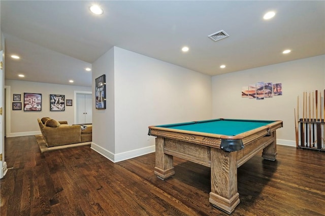 recreation room featuring dark wood-type flooring and billiards