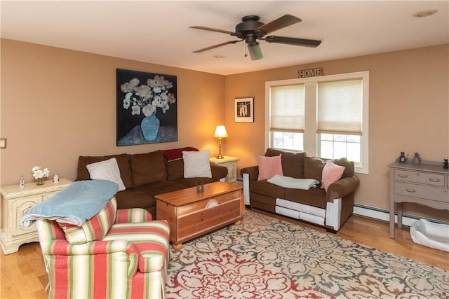 living room featuring light wood-type flooring and ceiling fan