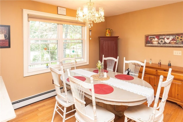 dining room featuring a baseboard radiator, light hardwood / wood-style flooring, and a notable chandelier