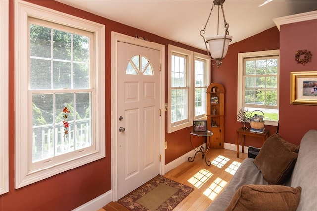 entryway with wood-type flooring, vaulted ceiling, and a wealth of natural light