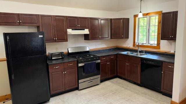 kitchen with sink, extractor fan, decorative light fixtures, dark brown cabinets, and black appliances