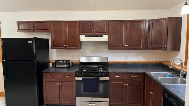 kitchen with sink, dark brown cabinetry, and black appliances