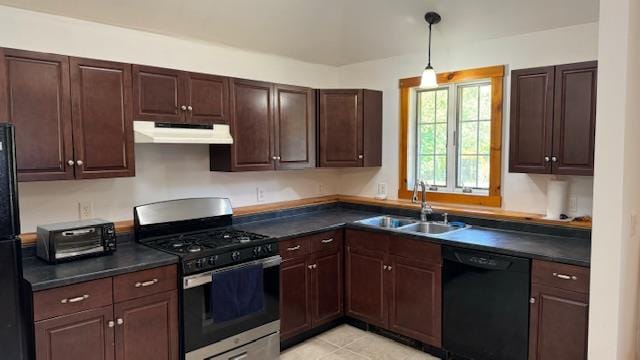 kitchen featuring dishwasher, sink, hanging light fixtures, light tile patterned floors, and gas stove
