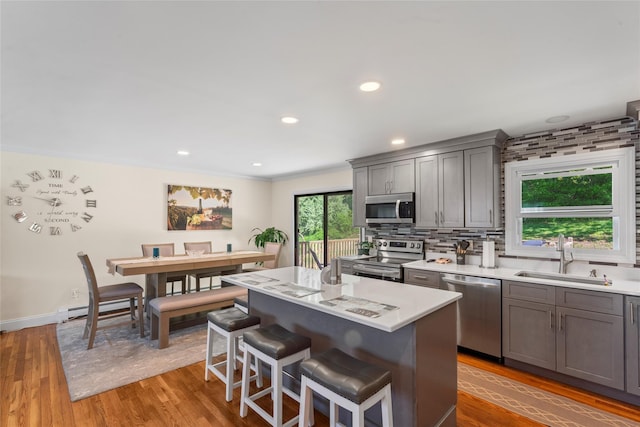 47 Riverside Rd, Newtown, CT 06482 - kitchen featuring appliances with stainless steel finishes, gray cabinetry, a kitchen bar, light countertops, and light wood finished floors