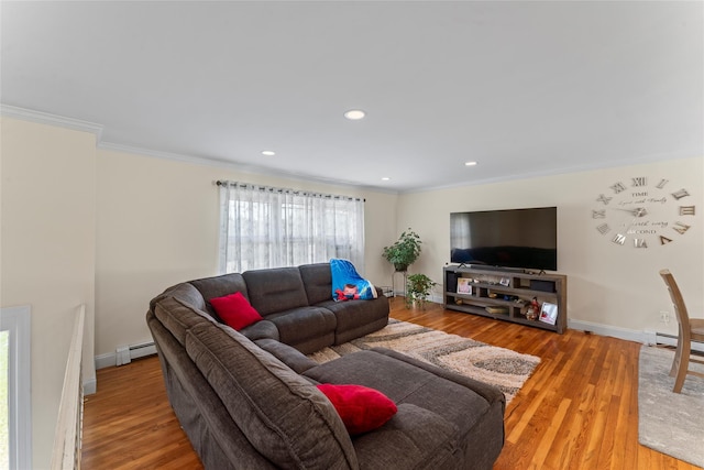 47 Riverside Rd, Newtown, CT 06482 - living room featuring a baseboard heating unit, ornamental molding, wood finished floors, and recessed lighting