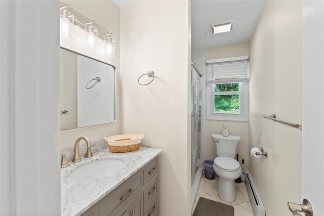 47 Riverside Rd, Newtown, CT 06482 - bathroom featuring baseboard heating, vanity, and curtained shower