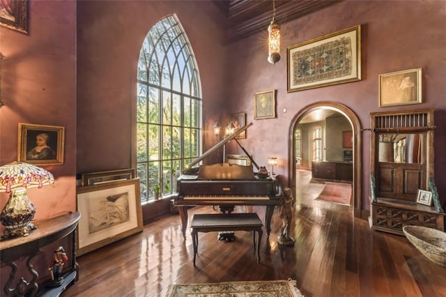 misc room featuring a high ceiling and hardwood / wood-style flooring