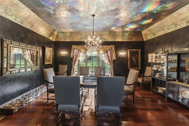 dining area featuring a chandelier, dark hardwood / wood-style flooring, and vaulted ceiling