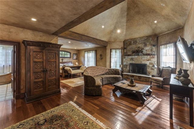 living room with a stone fireplace, plenty of natural light, and wood-type flooring