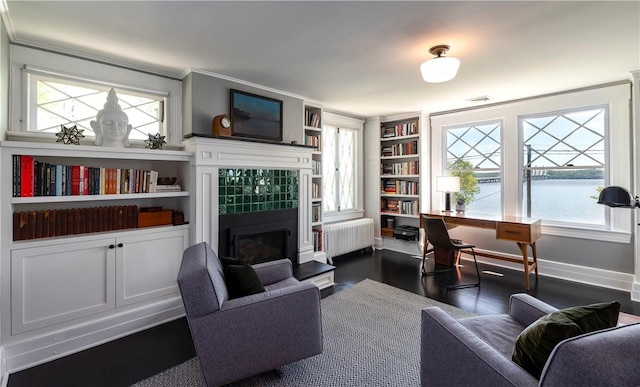 living area featuring a water view, dark hardwood / wood-style floors, built in shelves, a fireplace, and radiator heating unit