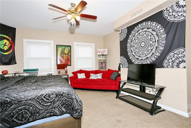 bedroom featuring carpet and ceiling fan