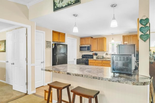 kitchen with crown molding, pendant lighting, black appliances, and light hardwood / wood-style flooring