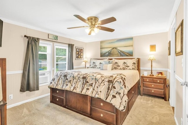 bedroom featuring ceiling fan, cooling unit, crown molding, and light carpet