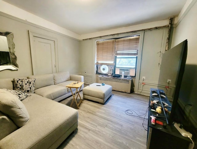 living room featuring light wood-type flooring and radiator heating unit