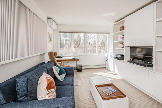 living area with baseboard heating and a wall mounted AC